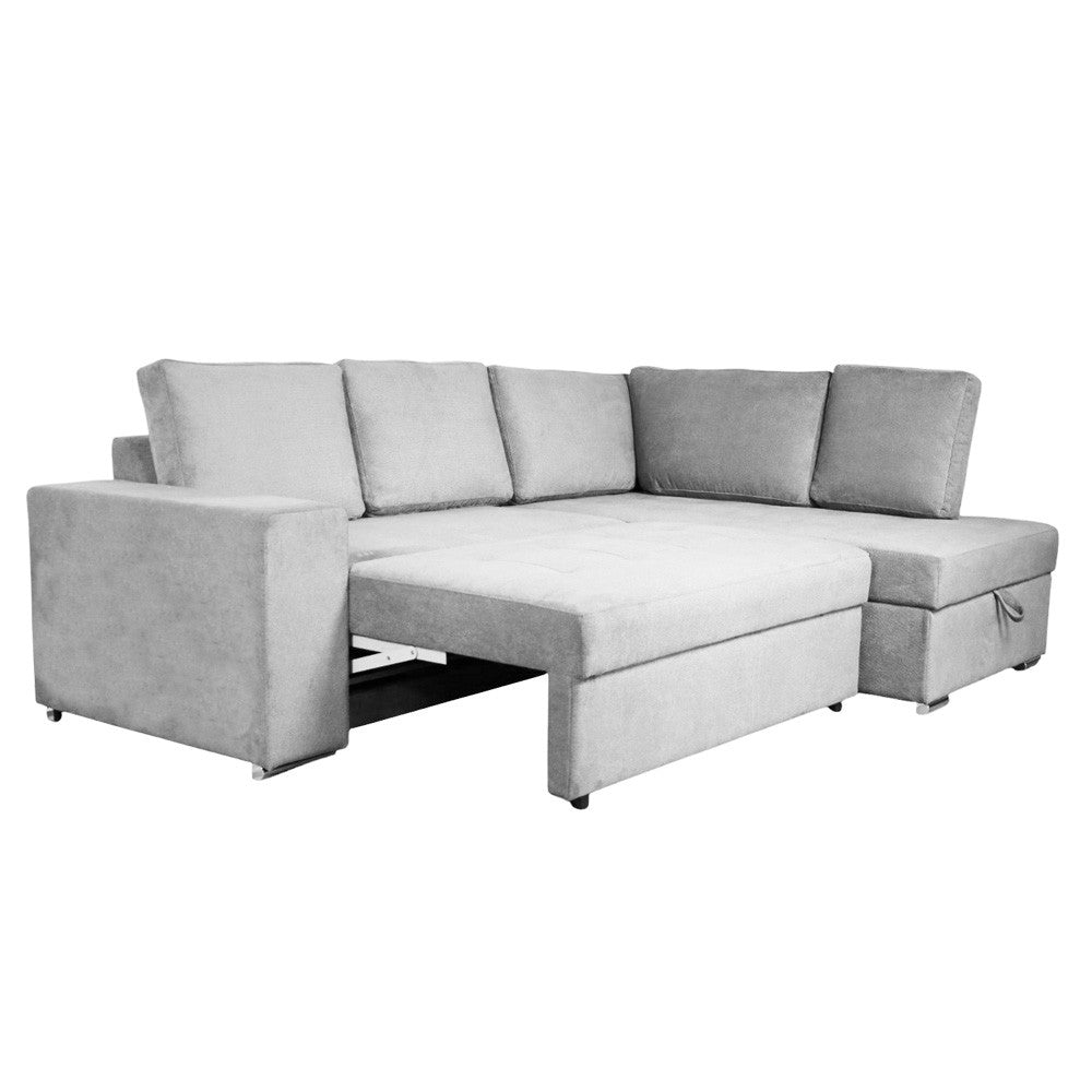 Divano letto angolare Bali con penisola contenitore destra in tessuto Neve 80 light grey