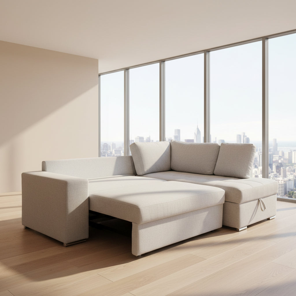 Divano letto angolare Bali con penisola contenitore destra in tessuto Neve 80 light grey