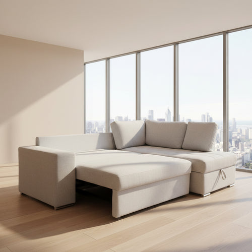 Divano letto angolare Bali con penisola contenitore destra in tessuto Neve 80 light grey
