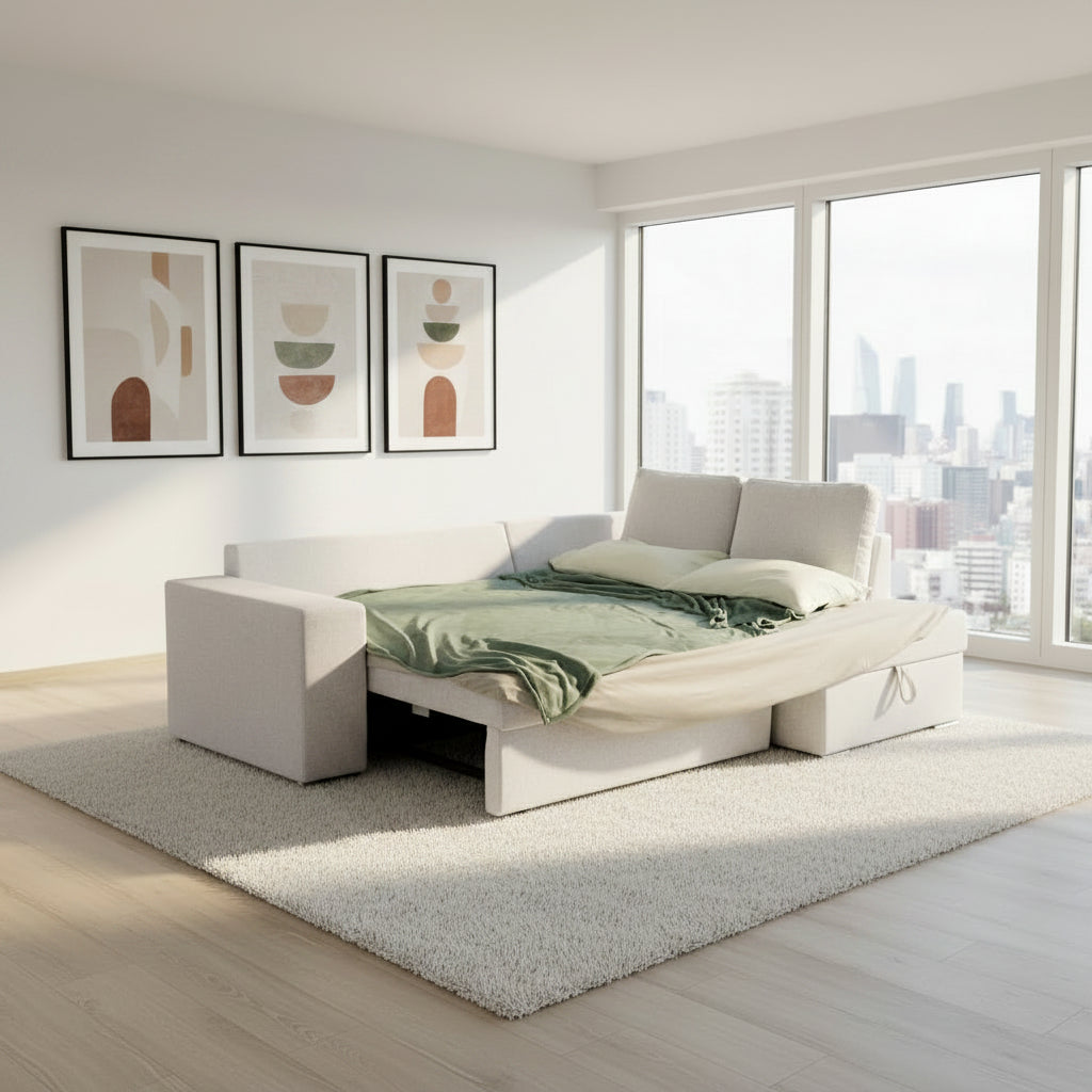 Divano letto angolare Bali con penisola contenitore destra in tessuto Neve 80 light grey