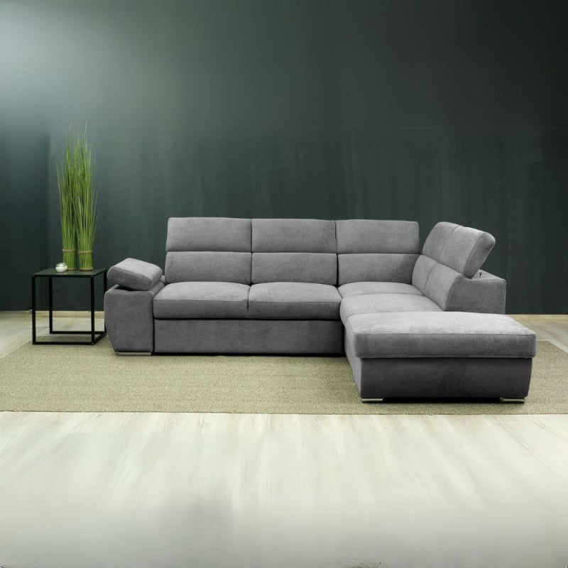 Divano letto angolare destro Arizona con poggiatesta e bracciolo regolabili con pouf contenitore in tessuto Giulia 9713