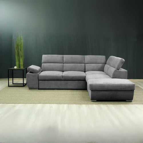 Divano letto angolare destro Arizona con poggiatesta e bracciolo regolabili con pouf contenitore in tessuto Giulia 9713