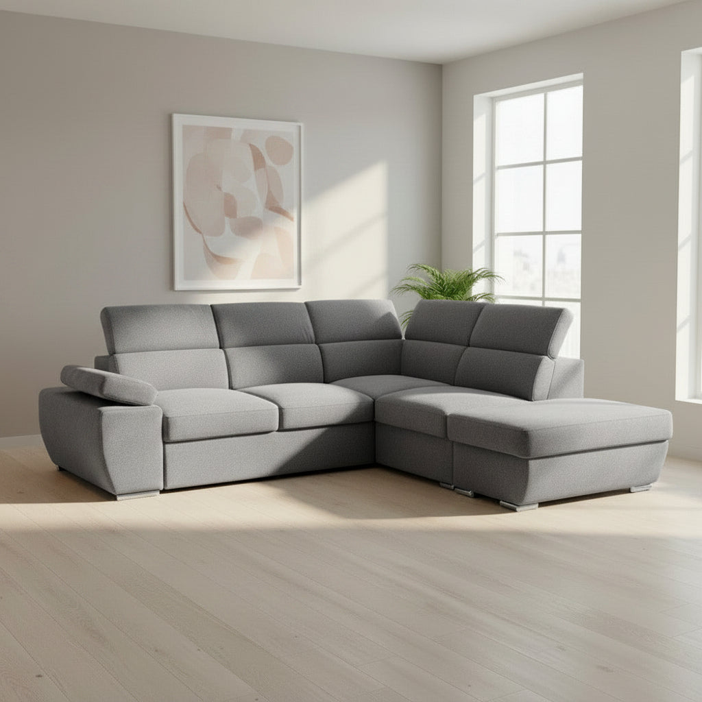 Divano letto angolare destro Arizona con poggiatesta e bracciolo regolabili con pouf contenitore in tessuto Giulia 9713