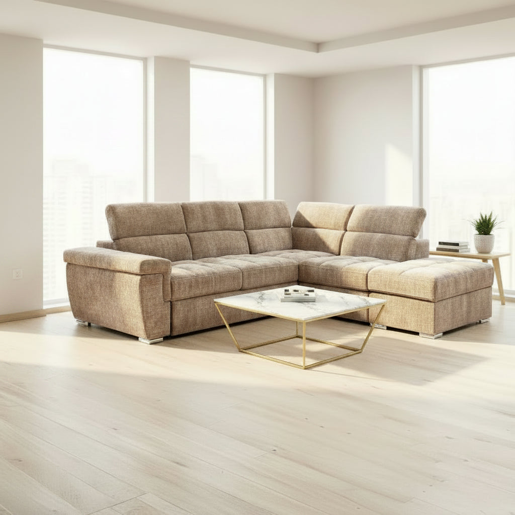 Divano letto angolare reversibile Amalfi con 5 poggiatesta regolabili e pouf indipendente in tessuto Giulia 9712