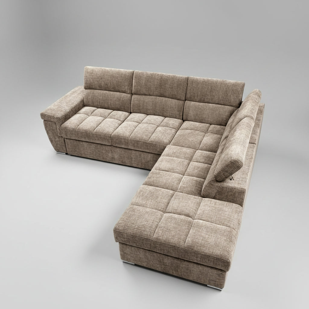 Divano letto angolare reversibile Amalfi con 5 poggiatesta regolabili e pouf indipendente in tessuto Giulia 9712