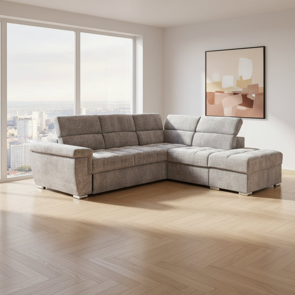 Divano letto angolare reversibile Amalfi con 5 poggiatesta regolabili e pouf indipendente in tessuto Giulia 9712