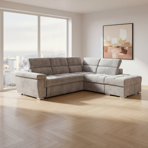 Divano letto angolare reversibile Amalfi con 5 poggiatesta regolabili e pouf indipendente in tessuto Giulia 9712