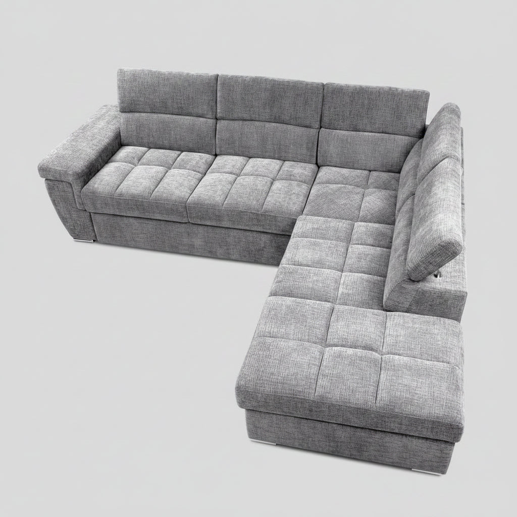Divano letto angolare reversibile Amalfi con 5 poggiatesta regolabili e pouf indipendente in tessuto Giulia 9712