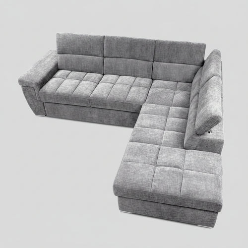 Divano letto angolare reversibile Amalfi con 5 poggiatesta regolabili e pouf indipendente in tessuto Giulia 9712