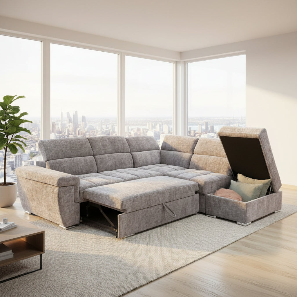 Divano letto angolare reversibile Amalfi con 5 poggiatesta regolabili e pouf indipendente in tessuto Giulia 9712 - colore