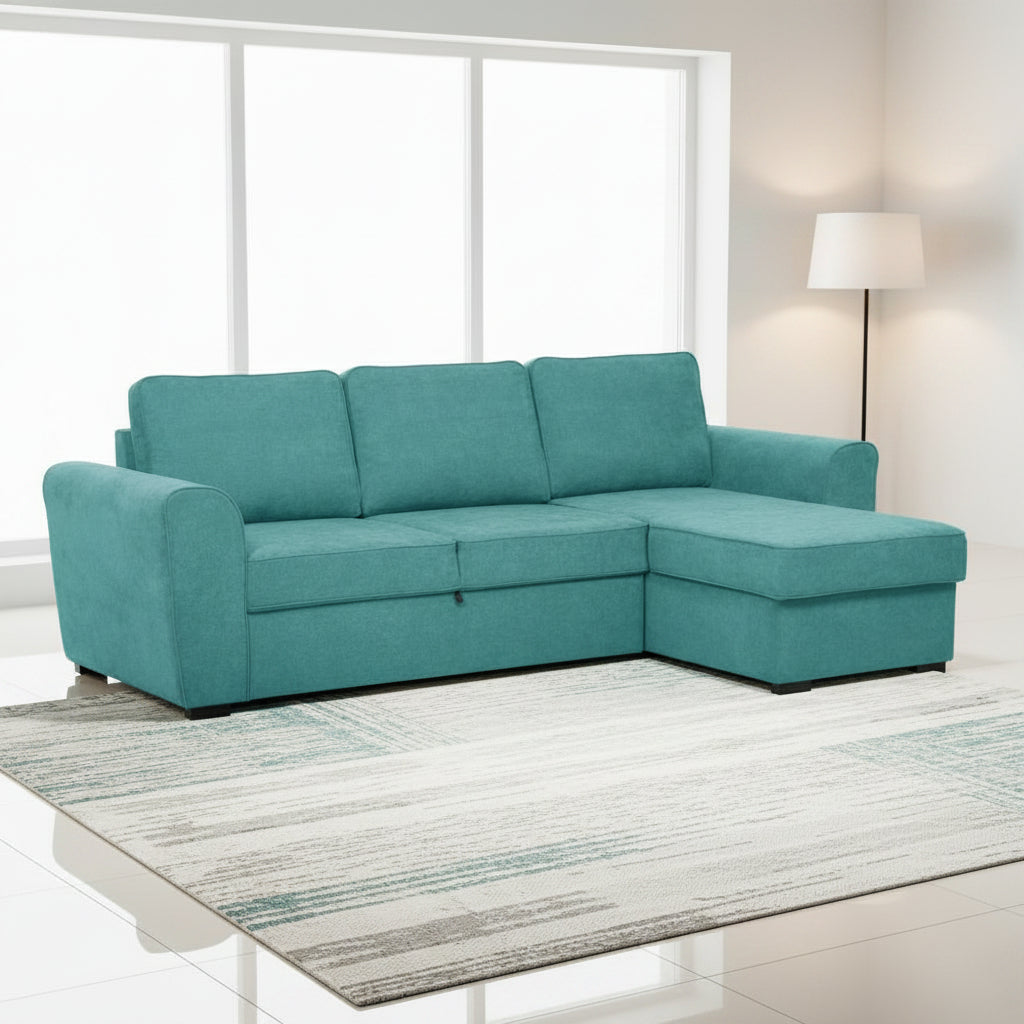 Divano letto corner reversibile Aston con contenitore in tessuto - Turchese