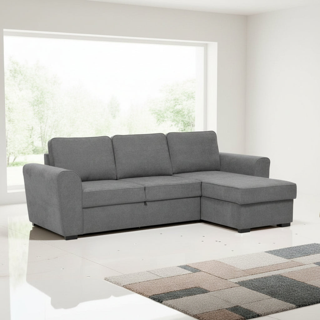 Divano letto corner reversibile Aston con contenitore in tessuto - colore Grigio