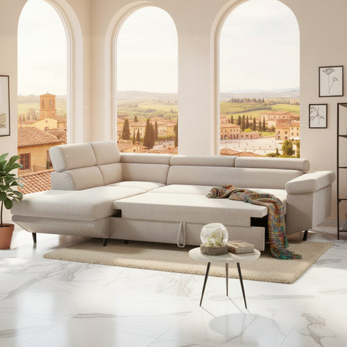 Divano letto Denver con penisola contenitore sinistra in Ronda 80 grigio chiaro