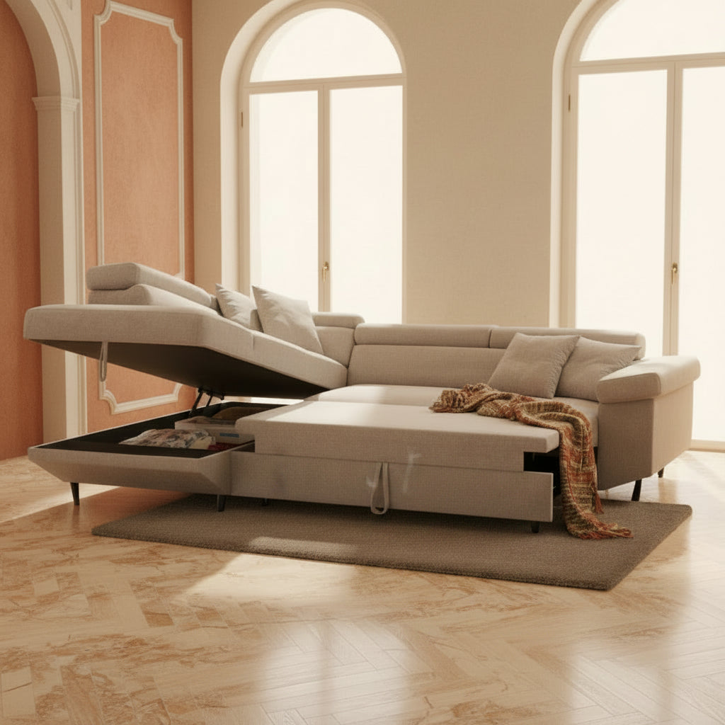 Divano letto Denver con penisola contenitore sinistra in Ronda 80 grigio chiaro