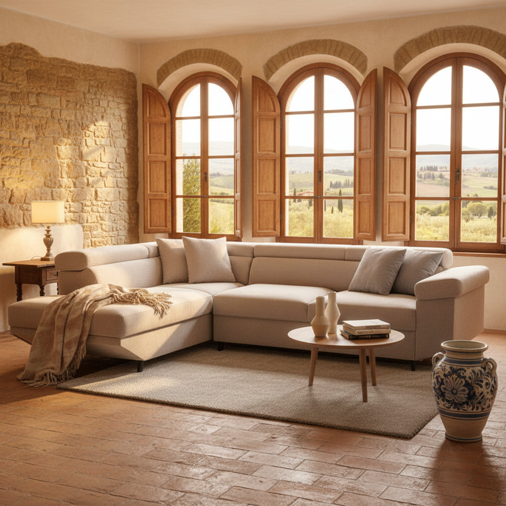 Divano letto Denver con penisola contenitore sinistra in Ronda 80 grigio chiaro