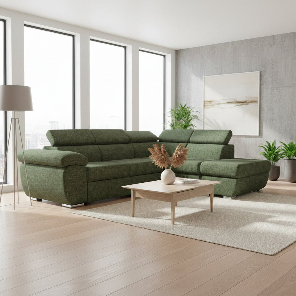Divano letto Fiona angolare con penisola destra e pouf contenitore in tessuto Aragon 39 verde oliva