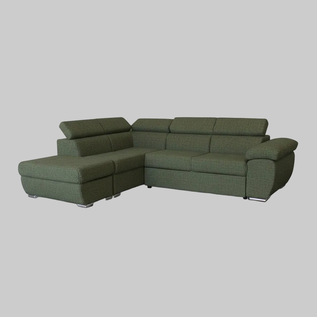 Divano letto Fiona angolare con penisola sinistra e pouf contenitore in tessuto Aragon 39 verde oliva