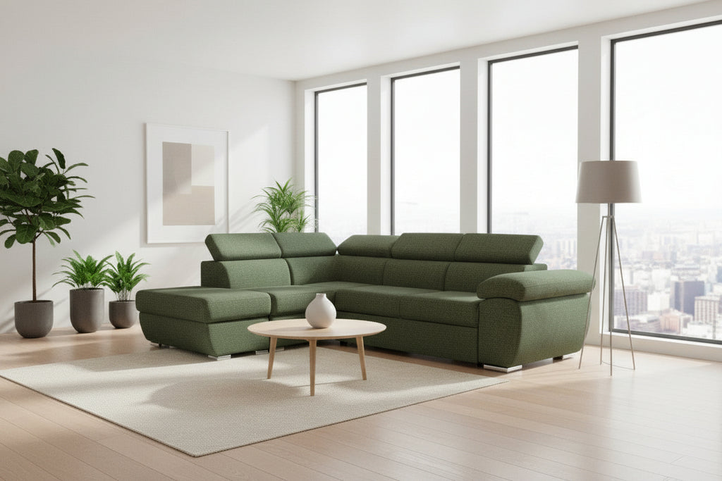 Divano letto Fiona angolare con penisola sinistra e pouf contenitore in tessuto Aragon 39 verde oliva