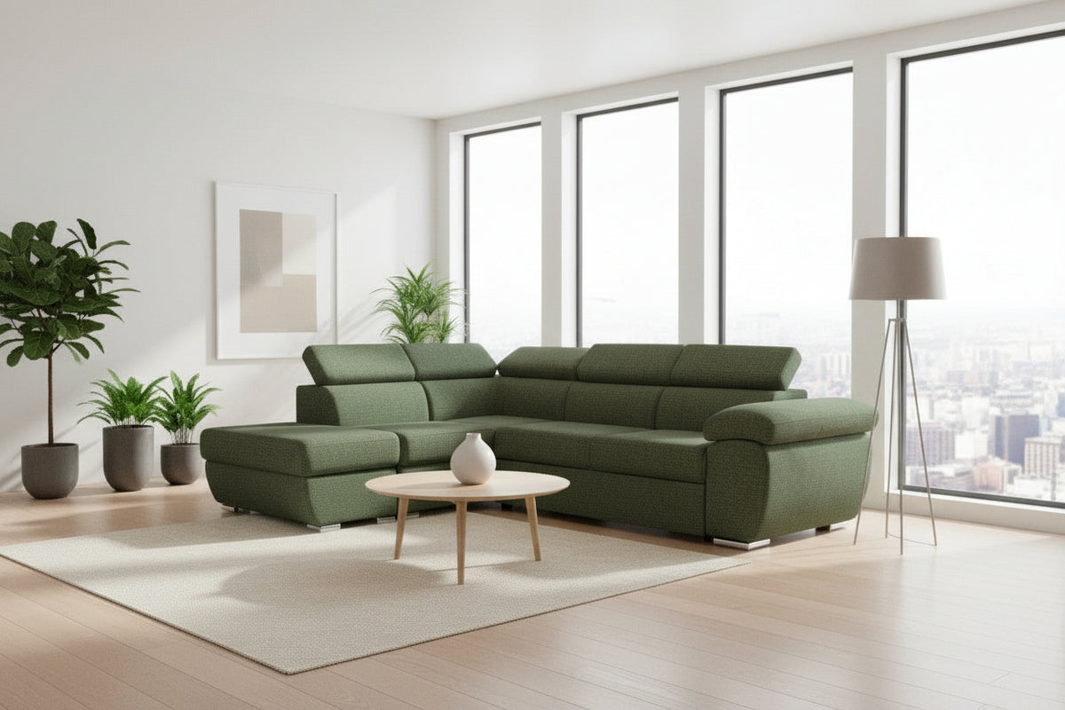 Divano letto Fiona angolare con penisola sinistra e pouf contenitore in tessuto Aragon 39 verde oliva
