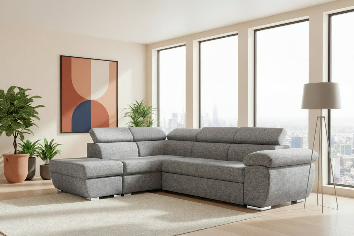 Divano letto Fiona angolare con penisola sinistra e pouf contenitore in tessuto Aragon 83 grigio