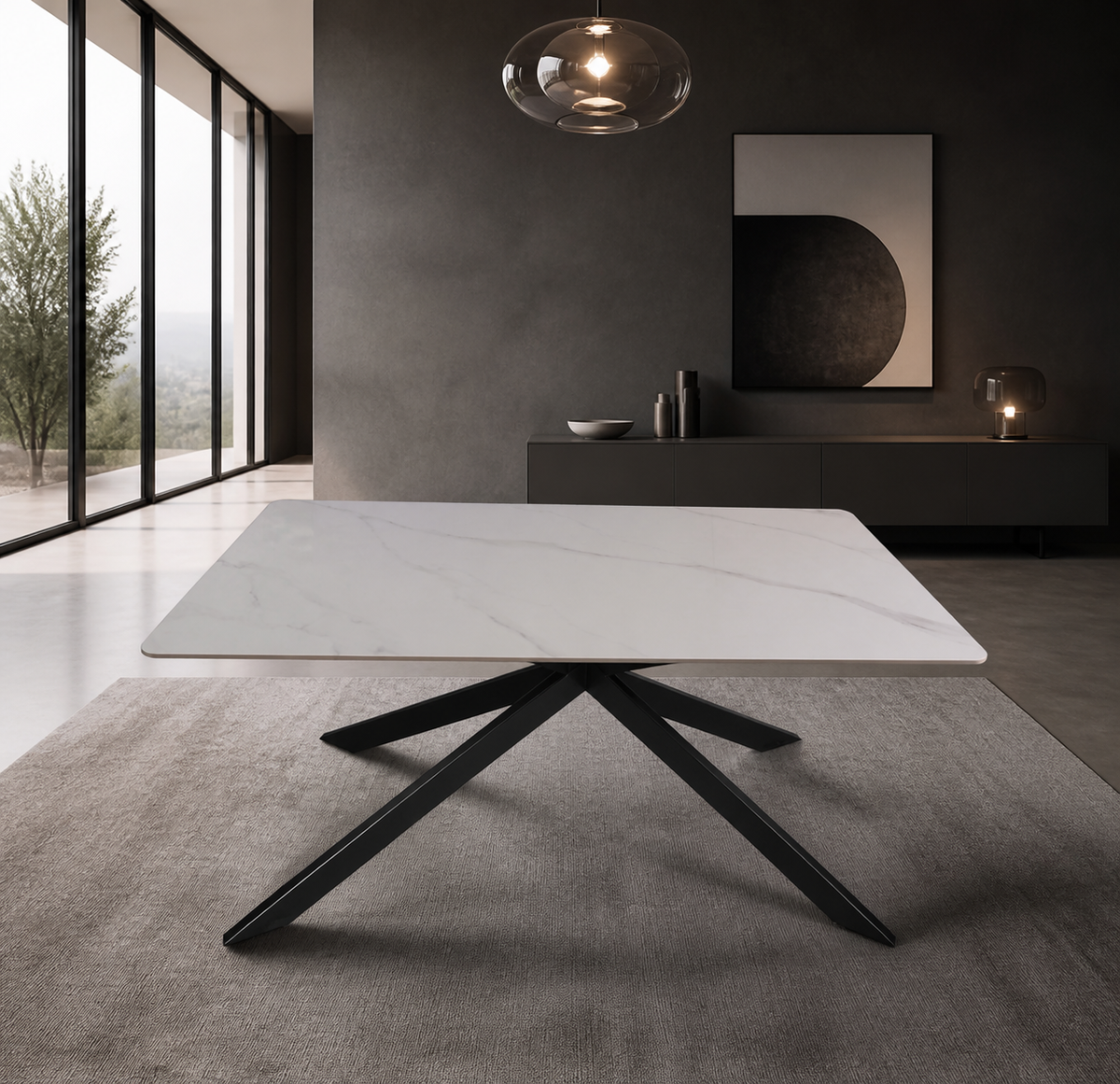 Tavolo Star con piano in ceramica effetto marmo bianco lucido e gambe nere