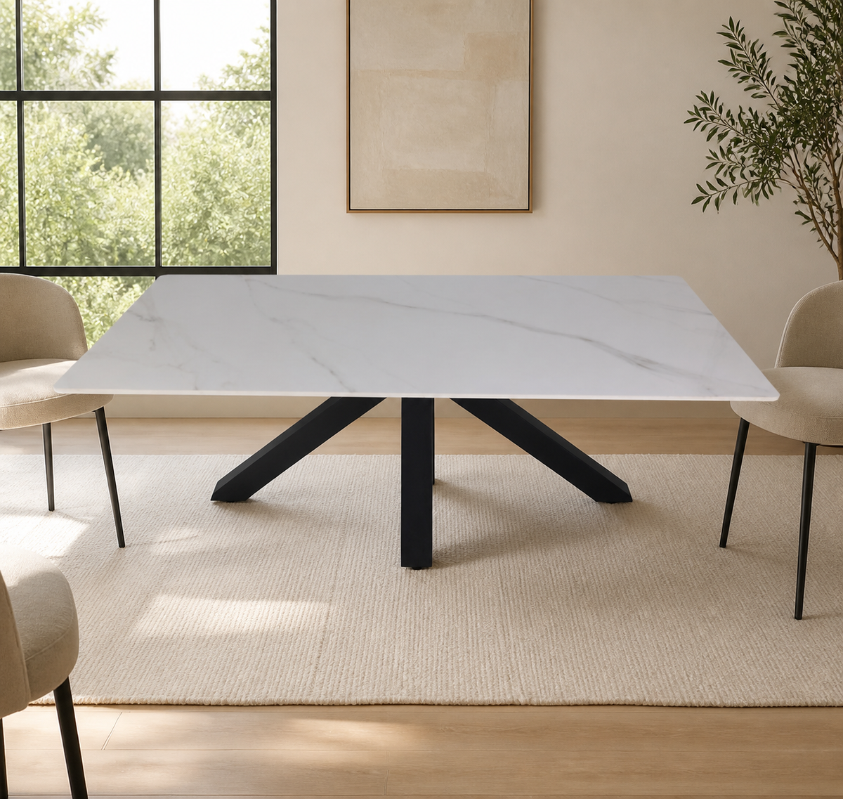 Tavolo Solid 180x90 piano ceramica effetto marmo bianco lucido e gambe nere