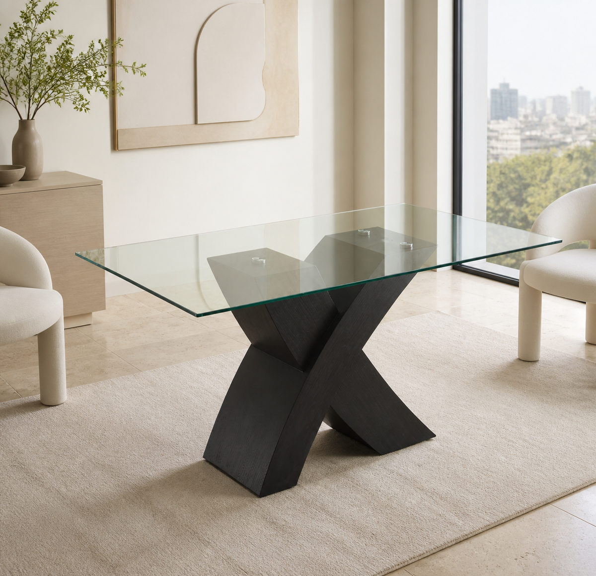 Tavolo fisso Duncan 150 × 90 cm con piano in vetro e base a incrocio - colore nero
