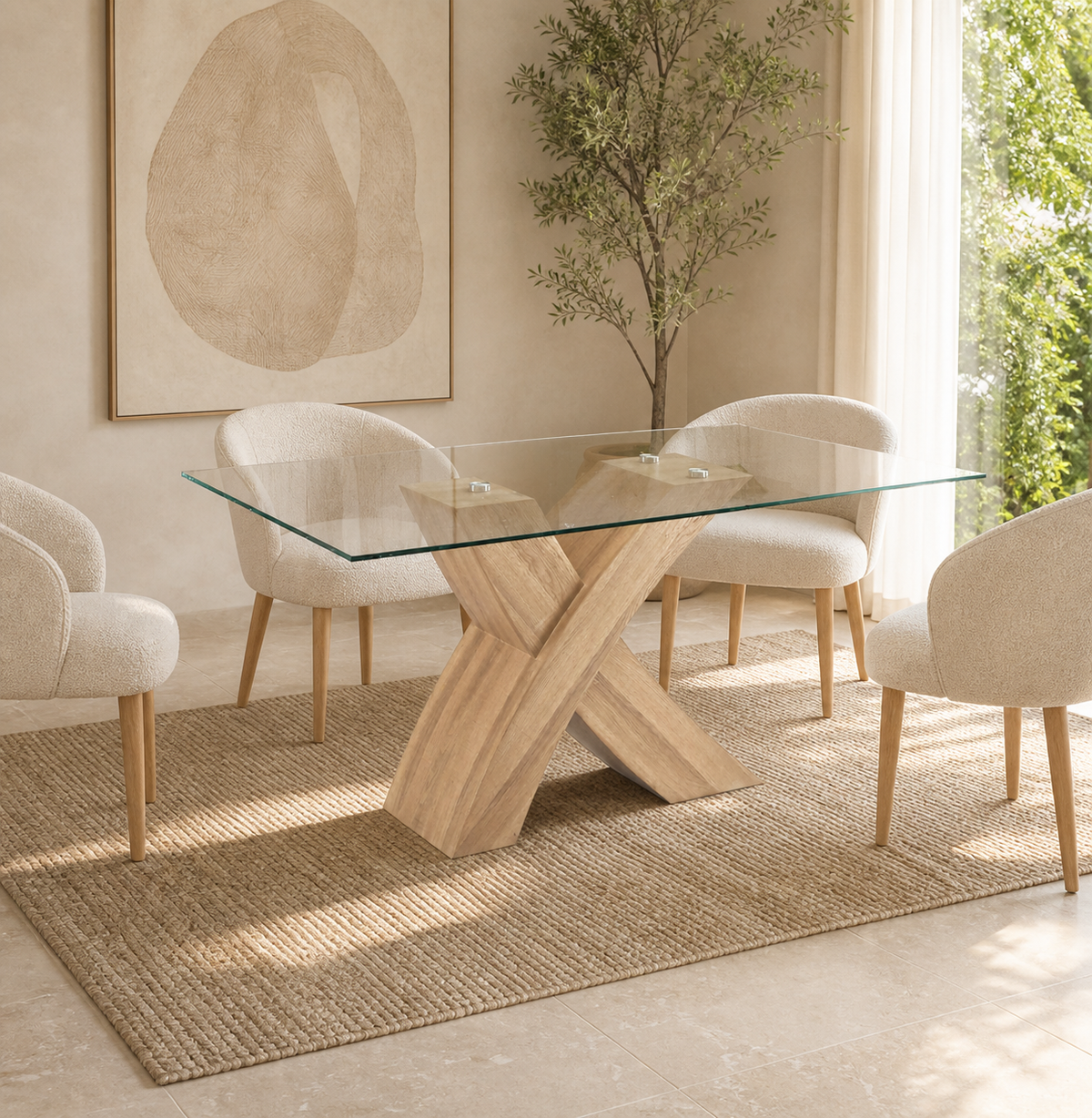 Tavolo fisso Duncan 150 × 90 cm con piano in vetro e base a incrocio - rovere