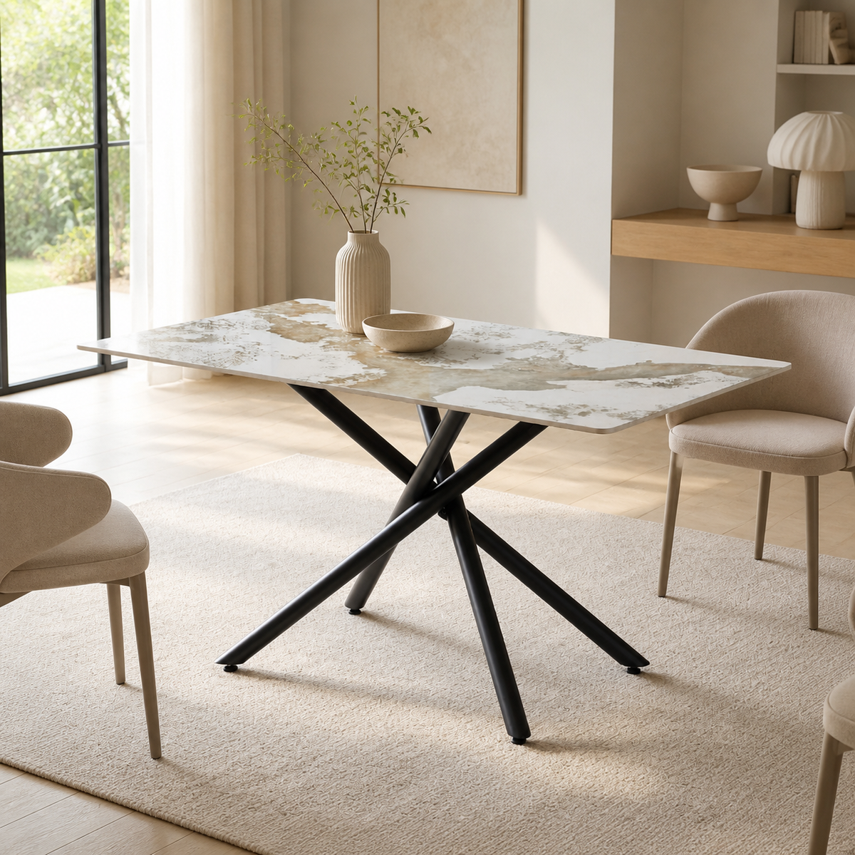 Tavolo rettangolare Linus2538 con piano in ceramica effetto marmo e struttura in metallo nero - colore bianco