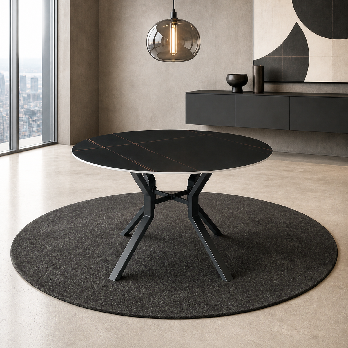 Tavolo rotondo fisso Aurora con piano in ceramica bianco lucido e struttura in metallo nero