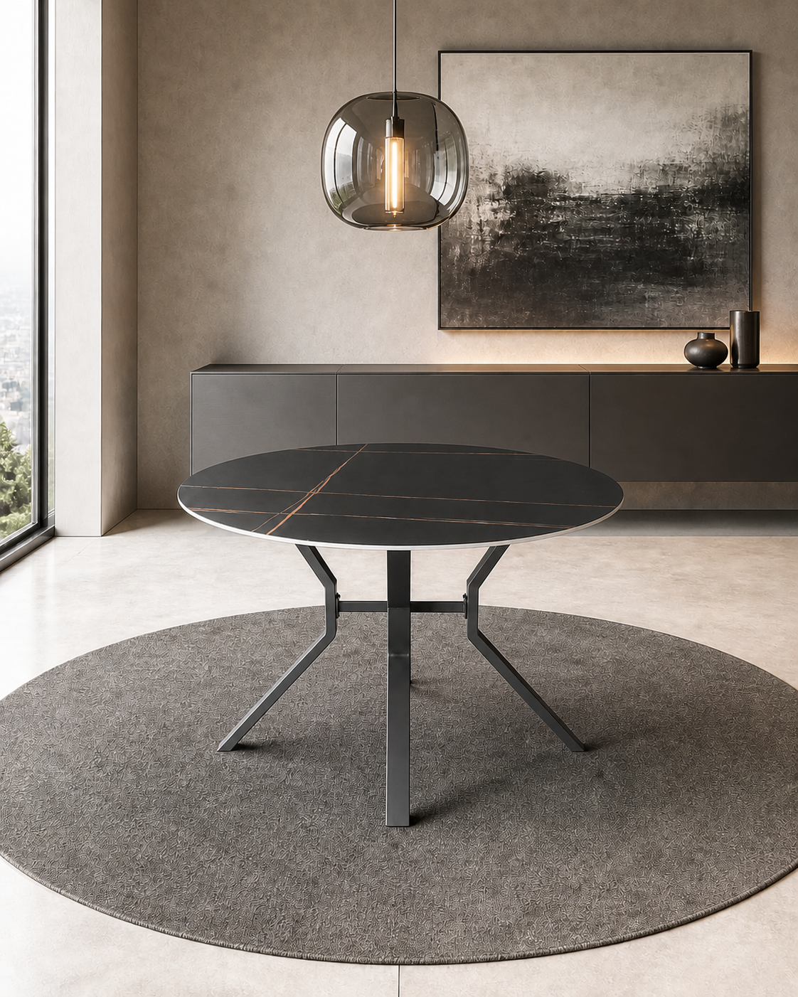 Tavolo rotondo fisso Aurora con piano in ceramica bianco lucido e struttura in metallo nero