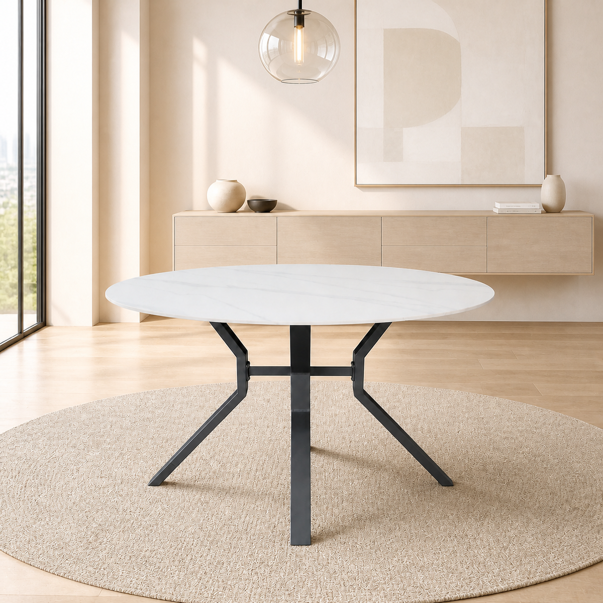 Tavolo rotondo fisso Aurora con piano in ceramica bianco lucido e struttura in metallo nero