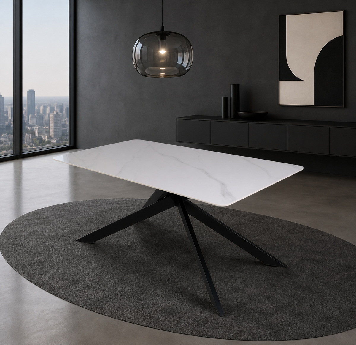 Tavolo Star con piano in ceramica effetto marmo bianco lucido e gambe nere