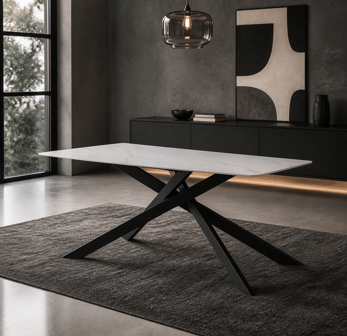 Tavolo Star con piano in ceramica effetto marmo bianco lucido e gambe nere