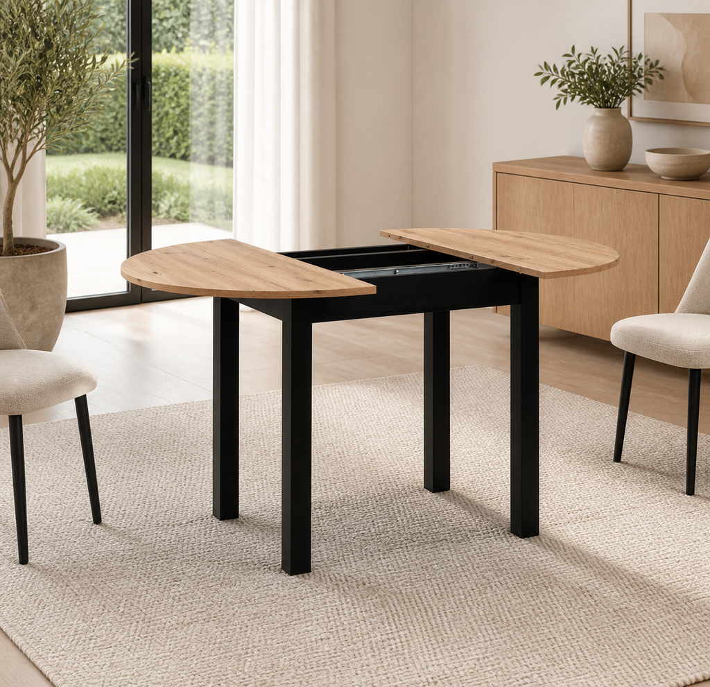 Tavolo rotondo allungabile Coburg 100 in piano quercia o bianco e struttura nera 100x76x100 cm.