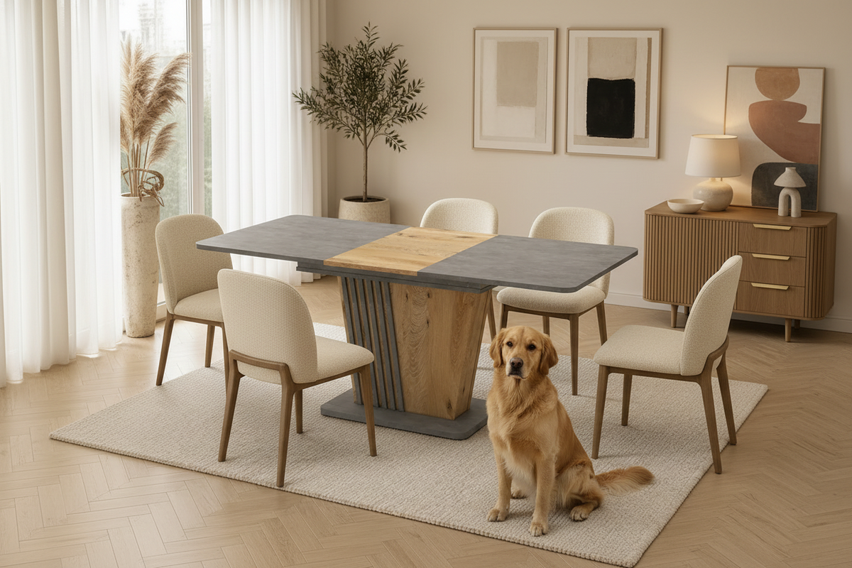 Tavolo allungabile Luna con piano e base colore cemento e gamba in rovere con dettaglio listellare