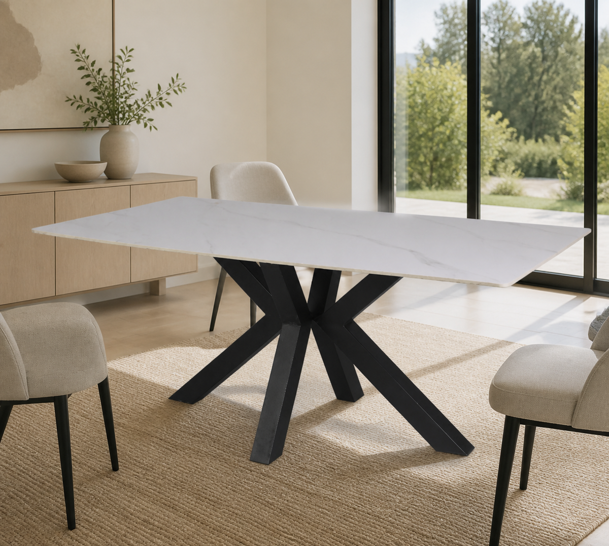 Tavolo Solid 180x90 piano ceramica effetto marmo bianco lucido e gambe nere
