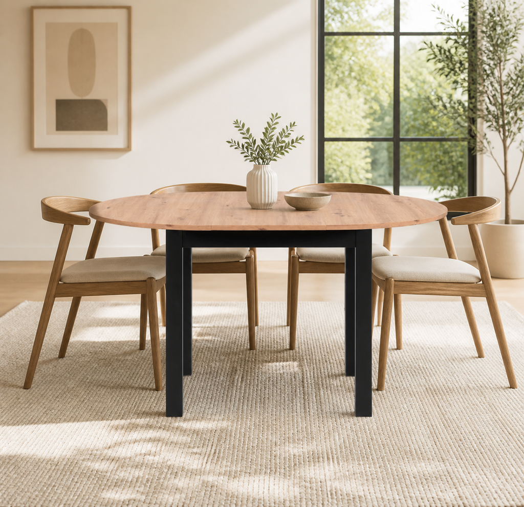 Tavolo rotondo allungabile Coburg 100 in piano quercia o bianco e struttura nera 100x76x100 cm.
