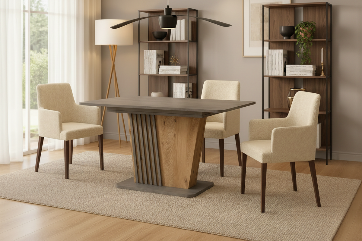 Tavolo allungabile Luna con piano e base colore cemento e gamba in rovere con dettaglio listellare