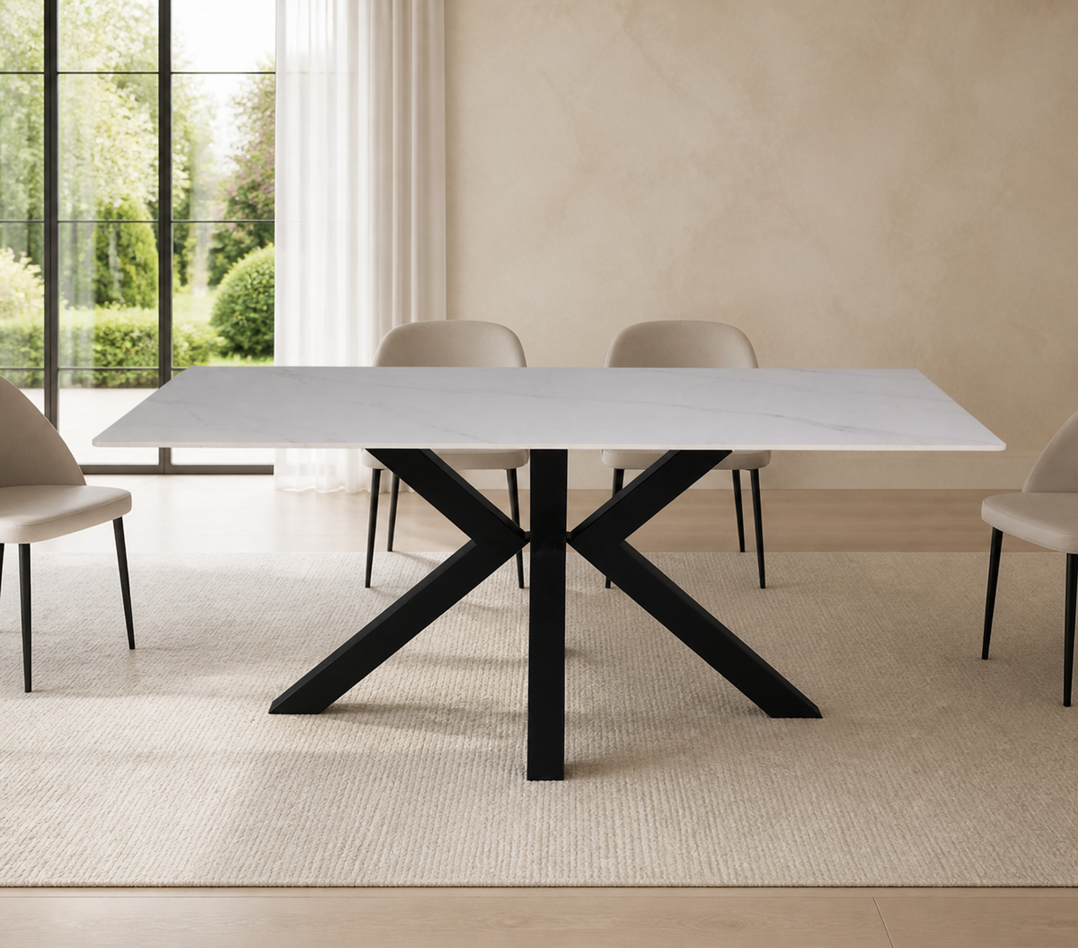 Tavolo Solid 180x90 piano ceramica effetto marmo bianco lucido e gambe nere