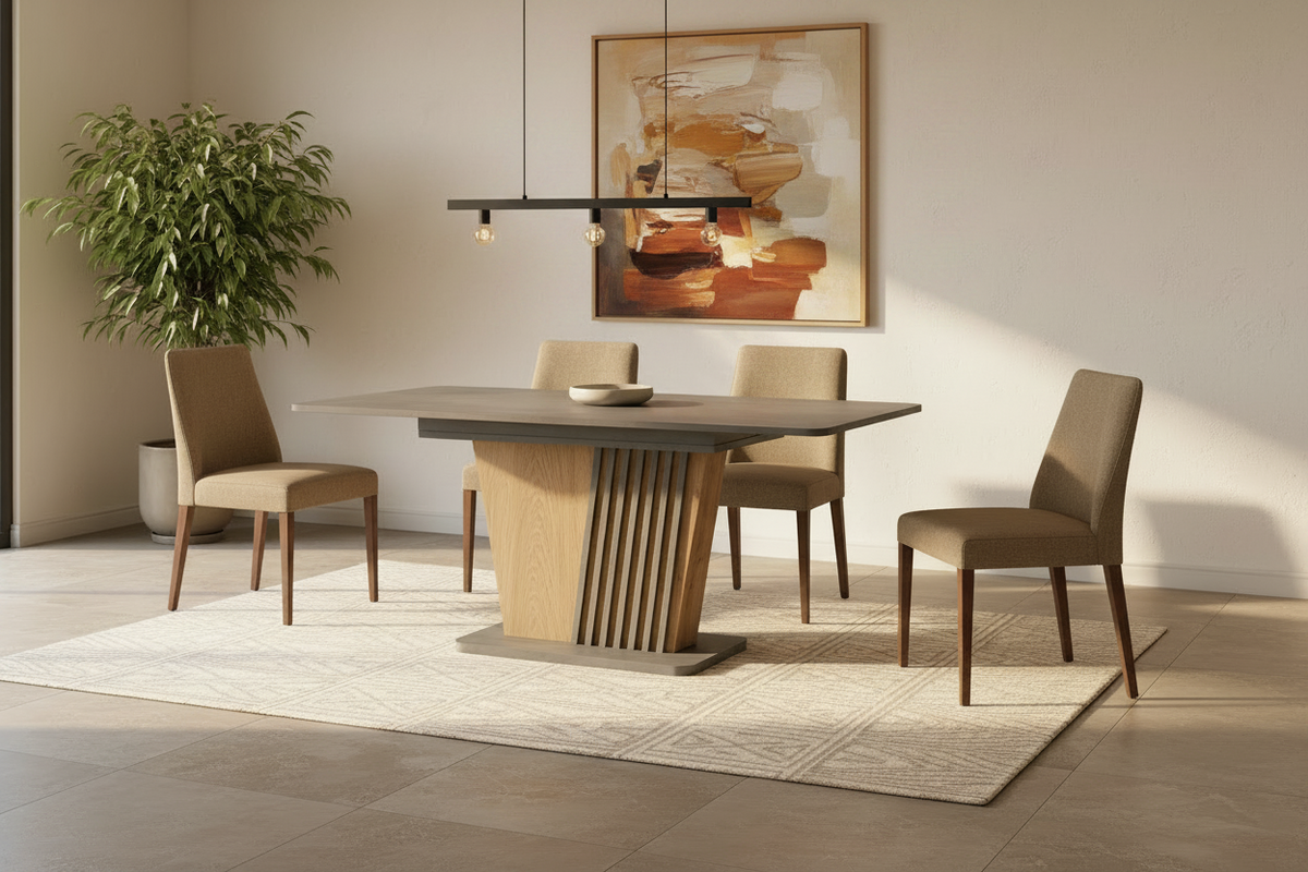Tavolo allungabile Luna con piano e base colore cemento e gamba in rovere con dettaglio listellare