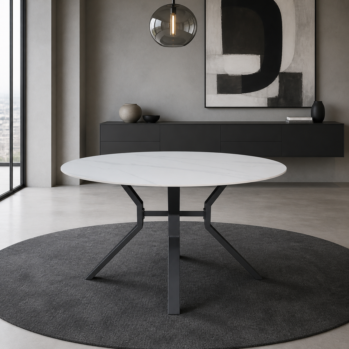 Tavolo rotondo fisso Aurora con piano in ceramica bianco lucido e struttura in metallo nero