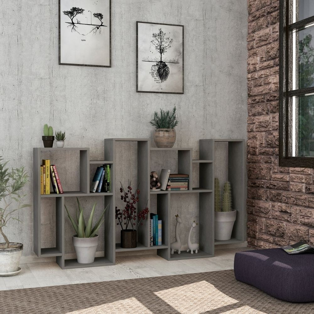 Libreria bifacciale Karmato con 10 vani – Cemento – immagine 1