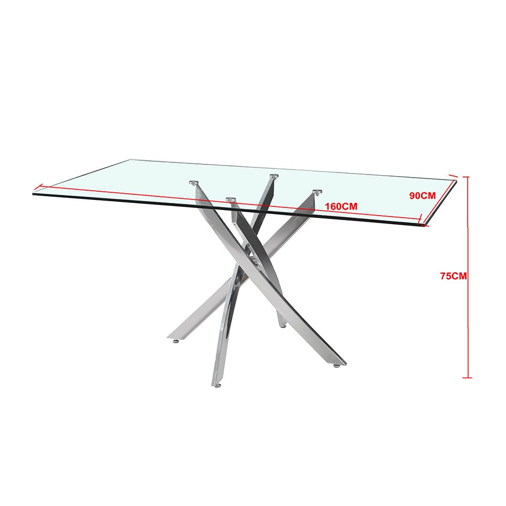 Tavolo da pranzo rettangolare fisso Peyton con piano in vetro temperato e gambe cromate 160x90 cm.