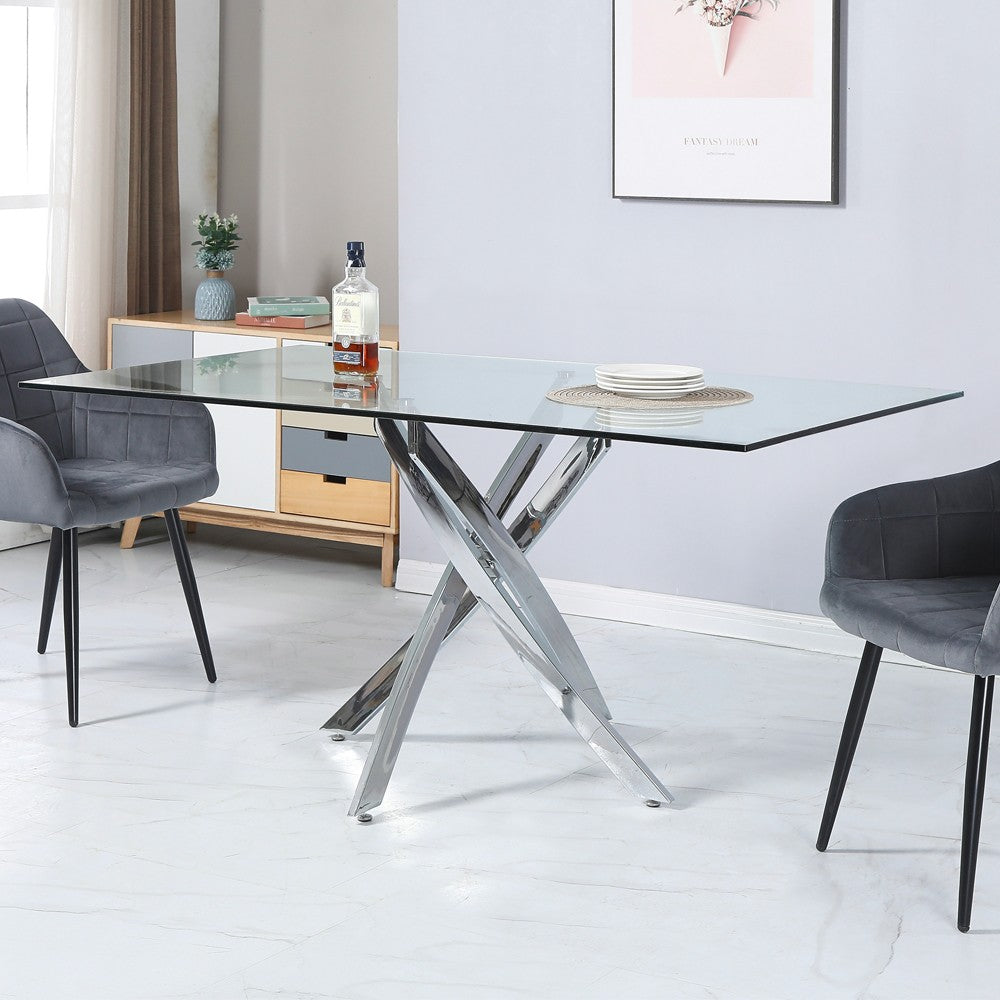 Tavolo da pranzo rettangolare fisso Peyton con piano in vetro temperato e gambe cromate 160x90 cm. - colore vetro cromate