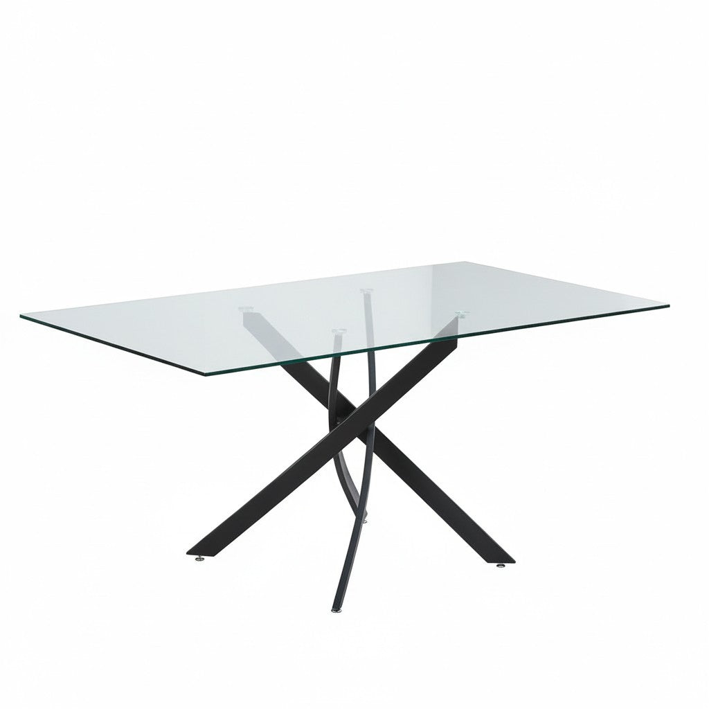 Tavolo da pranzo rettangolare fisso Peyton con piano in vetro temperato e gambe cromate 160x90 cm.