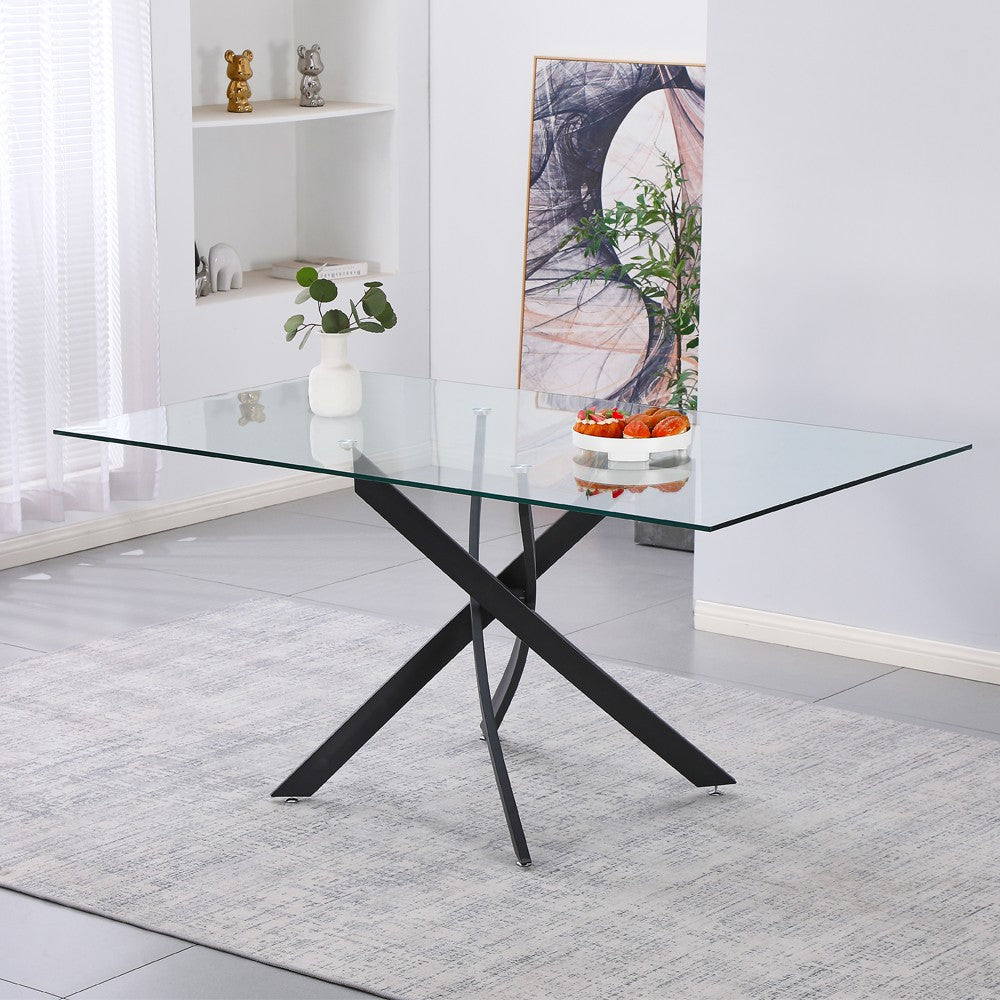 Tavolo da pranzo rettangolare fisso Peyton con piano in vetro temperato e gambe cromate 160x90 cm. - vetro nero