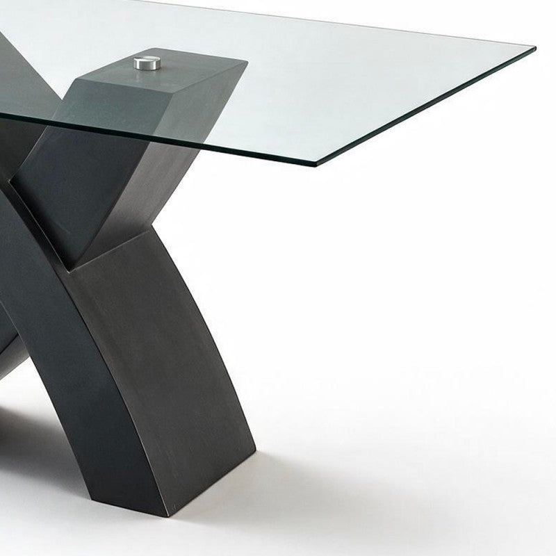 Tavolo fisso Duncan 150 × 90 cm con piano in vetro e base a incrocio