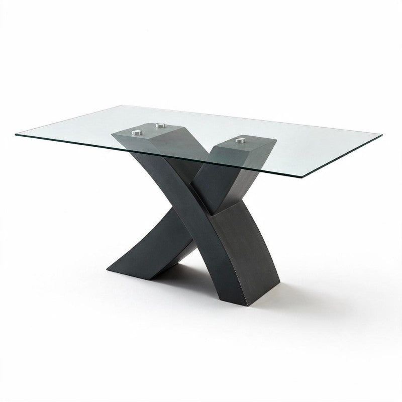 Tavolo fisso Duncan 150 × 90 cm con piano in vetro e base a incrocio