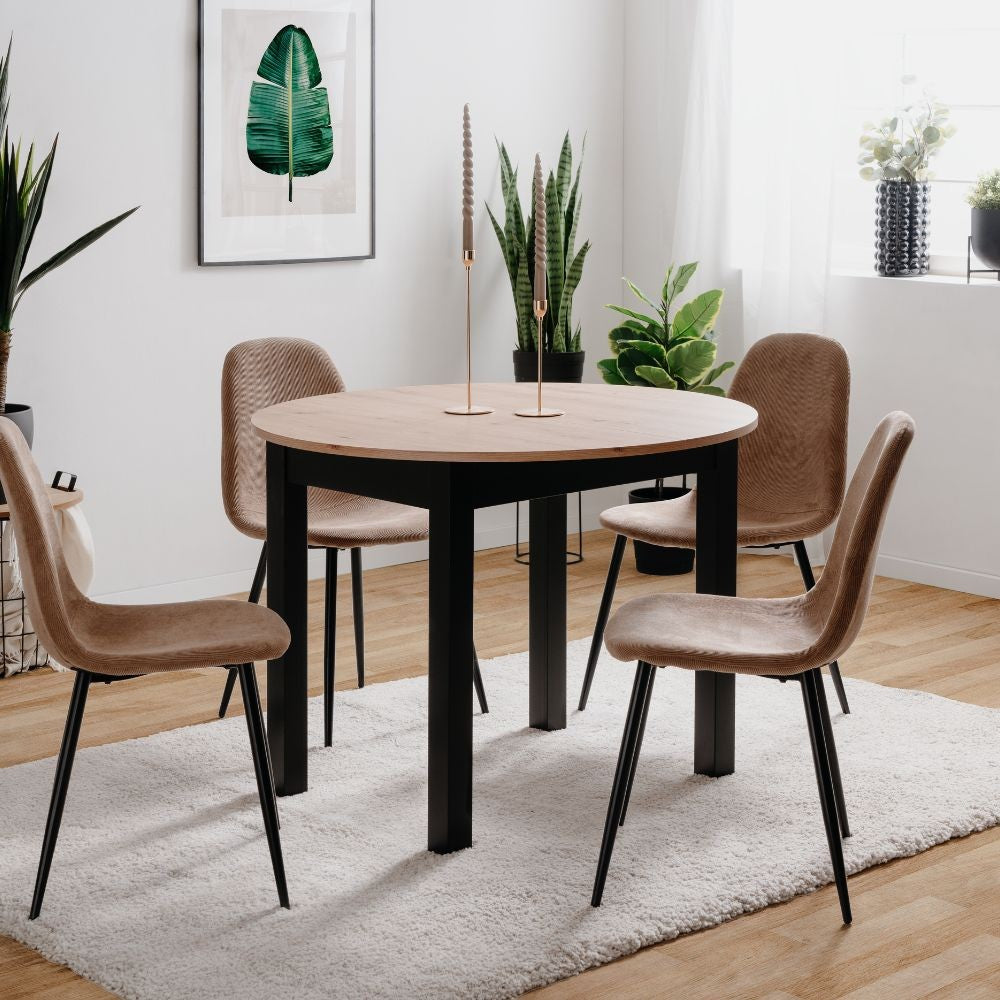 Tavolo rotondo allungabile Coburg 100 in piano quercia o bianco e struttura nera 100x76x100 cm.